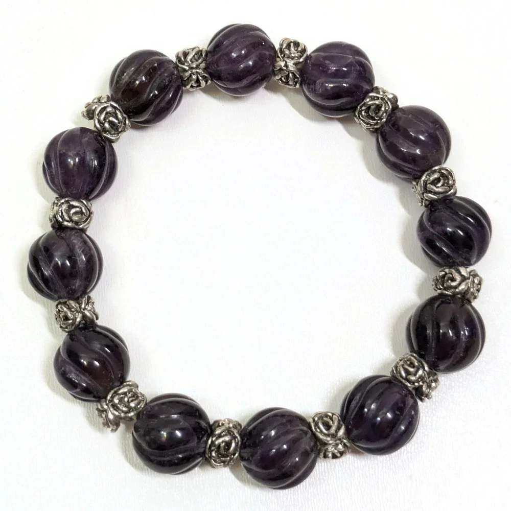 Carved Purple Melon Bead Stretch Bracelet Silver Tone Rose Floral Gemstone Boho